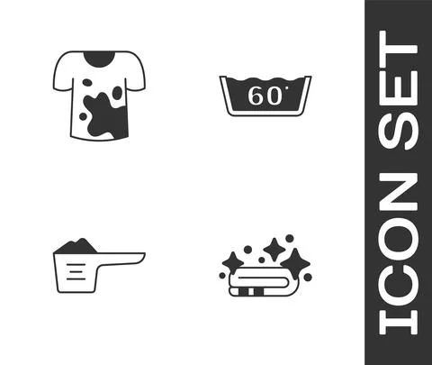 Set Towel stack, Dirty t-shirt, Washing powder and Temperature wash icon. Vector イラスト素材