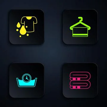 Set Towel stack, Dirty t-shirt, Time wash and on hanger. Black square button Stock Illustration