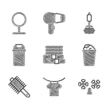 Set Towel stack, Drying clothes, Water tap, Bucket with soap suds, Hairbrus.. Ilustração Stock