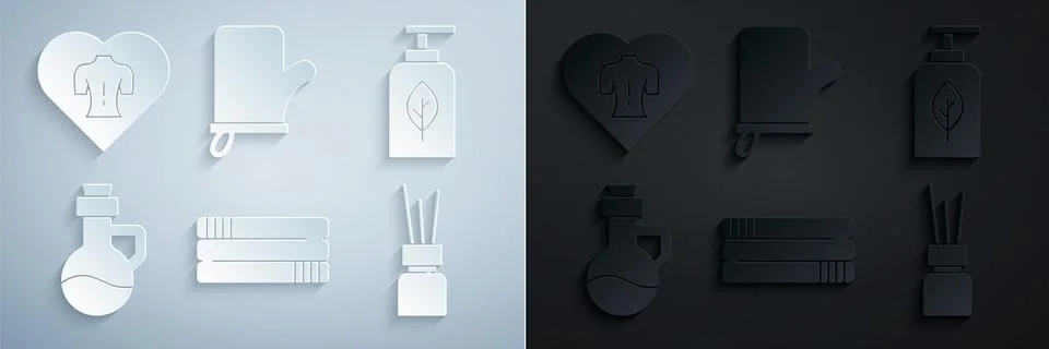 Set Towel stack, Essential oil bottle, Aroma diffuser, Sauna mittens and Massage Stock Illustration