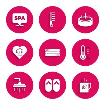 Set Towel stack, Flip flops, Cup of tea and leaf, Sauna thermometer, Shower head Illustrazione stock