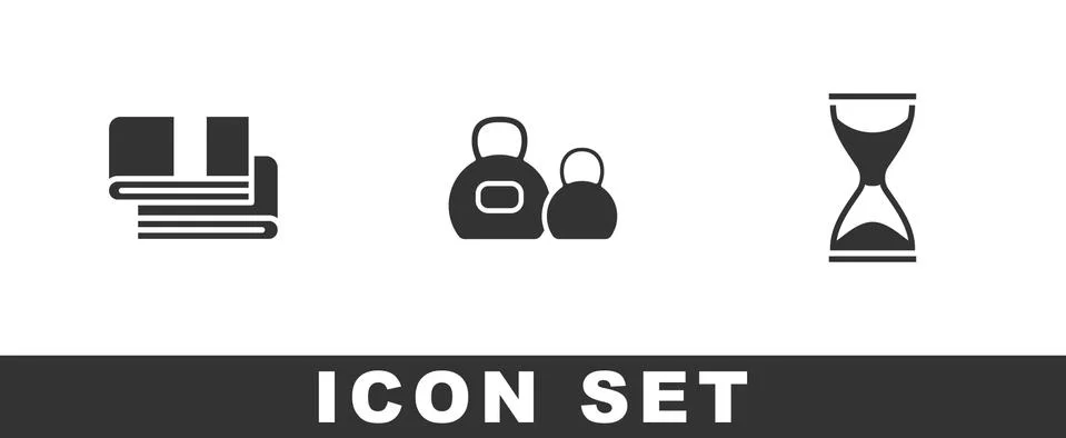 Set Towel stack, Kettlebell and Old hourglass icon. Vector Stock Illustration