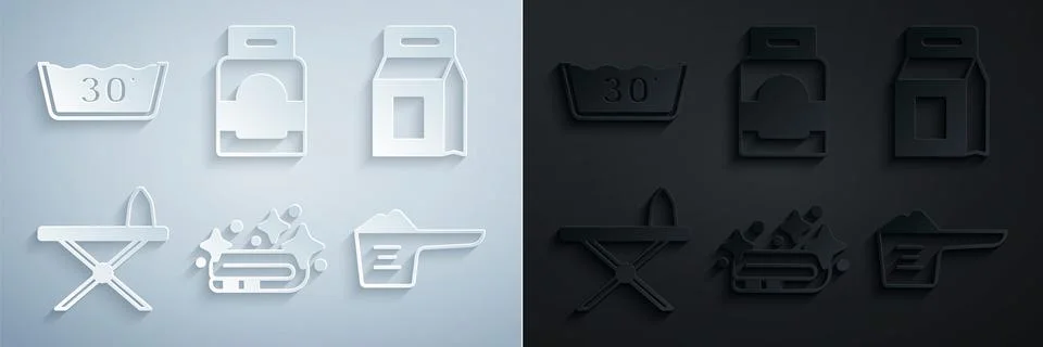 Set Towel stack, Laundry detergent, Iron and ironing board, Washing powder, and Stock Illustration