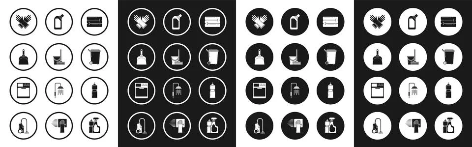 Set Towel stack, Mop and bucket, Dustpan, Rubber gloves, Trash can, Plastic Stock-Illustration