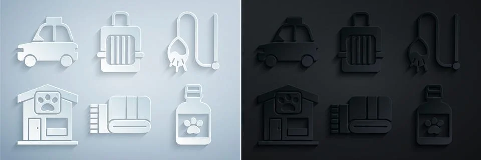 Set Towel stack, Pet cat toy, grooming, Dog medicine bottle, carry case and taxi 库存插图