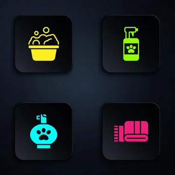 Set Towel stack, Pets bath, shampoo and . Black square button. Vector Stock Illustration