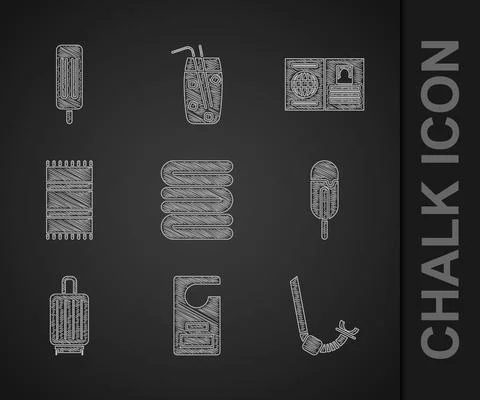 Set Towel stack, Please do not disturb, Snorkel, Ice cream, Suitcase, Beach Illustrazione stock