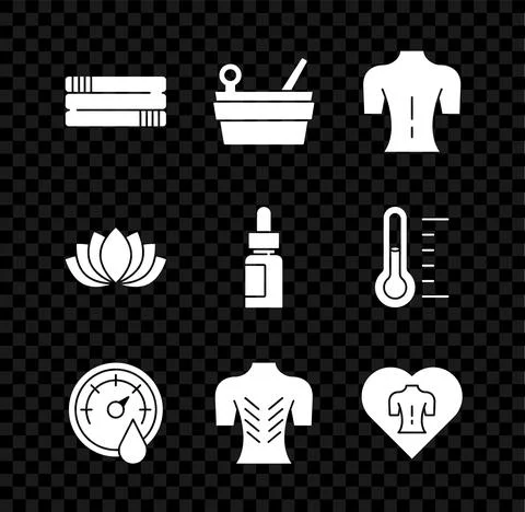 Set Towel stack, Sauna bucket and ladle, Massage, thermometer, Lotus flower and Stock Illustration