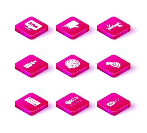 Set Towel stack, Sauna thermometer, Essential oil bottle, Aroma diffuser, Lotus Illustrazione stock