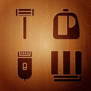 Set Towel stack, Shaving razor, Electrical hair clipper or shaver and Bottles 库存插图