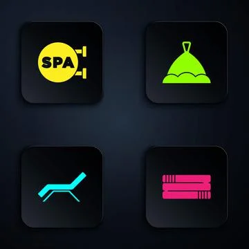 Set Towel stack, Spa salon, Sunbed and umbrella and Sauna hat. Black square Illustrazione stock