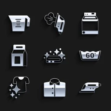 Set Towel stack T-shirt Electric iron Temperature wash Drying clothes Laundry Illustrazione stock