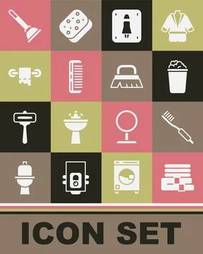 Set Towel stack, Toothbrush, Bucket with soap suds, Female toilet, Hairbrush Stock Illustration