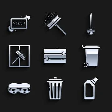 Set Towel stack, Trash can, Plastic bottles for liquid dishwashing liquid Stock Illustration