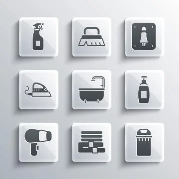 Set Towel stack, Trash can, Bottle of liquid soap, Bathtub, Hair dryer, Electric 스톡 일러스트