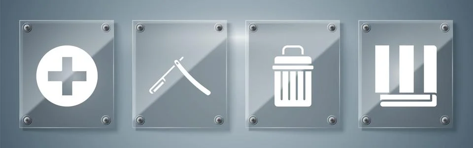 Set Towel stack, Trash can, Straight razor and Cross hospital medical. Square Illustrazione stock