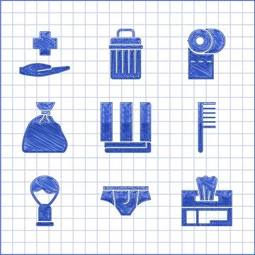 Set Towel stack, Underwear, Wet wipe pack, Hairbrush, Shaving, Garbage bag イラスト素材