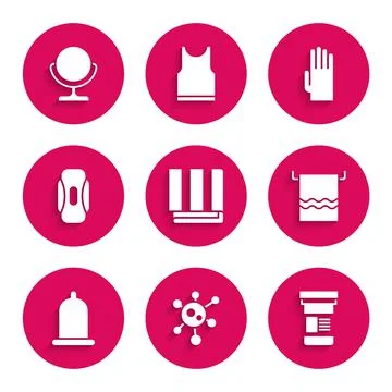 Set Towel stack, Virus, Medicine bottle, on hanger, Condom, Sanitary napkin Stock Illustration