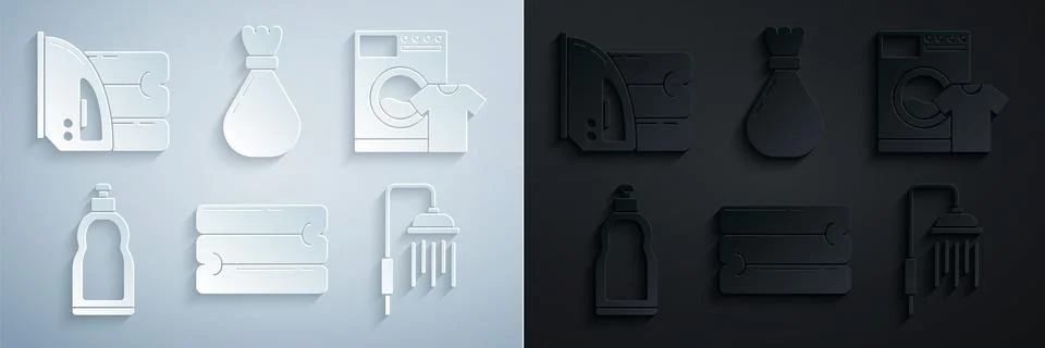 Set Towel stack, Washer and t-shirt, Plastic bottles for liquid dishwashing Stockillustratie