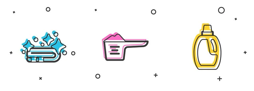 Set Towel stack, Washing powder and Bottle for cleaning agent icon. Vector 库存插图