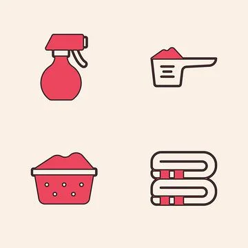Set Towel stack, Water spray bottle, Washing powder and Basin with soap suds Stock Illustration