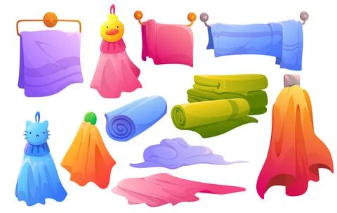 Set of towels hanging, lying, in stack and roll Stock Illustration