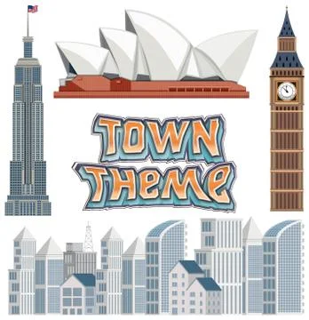 Set of town building theme Ilustración de archivo