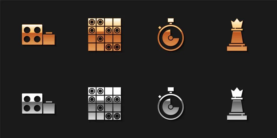 Set Toy building block bricks, Board game of checkers, Stopwatch and Chess icon Ilustración de archivo