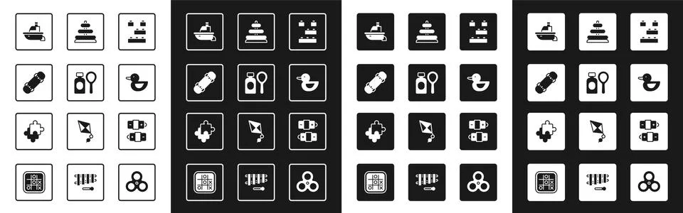 Set Toy building block bricks, Soap bubbles bottle, Skateboard, boat, Rubber Ilustración de archivo