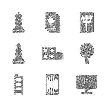 Set Toy building block bricks, Backgammon board, Chess, Racket, Mahjong pieces Stock Illustration