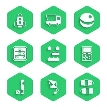 Set Toy building block bricks, Kite, Battery, Tetris electronic game, Baseball Ilustración de archivo