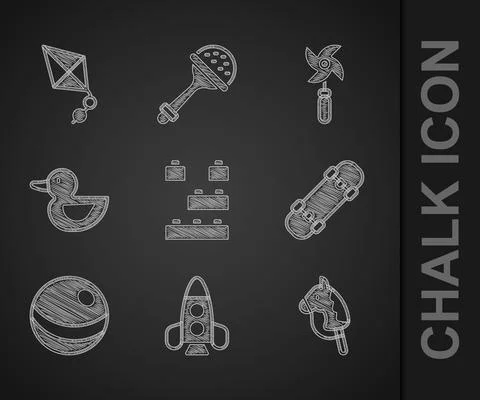 Set Toy building block bricks, Rocket ship toy, horse, Skateboard, Beach ball Stock Illustration