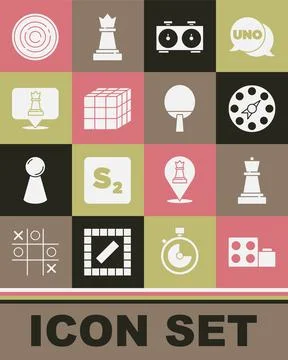 Set Toy building block bricks, Chess, Twister game, Time chess clock, Rubik cube Ilustración de archivo