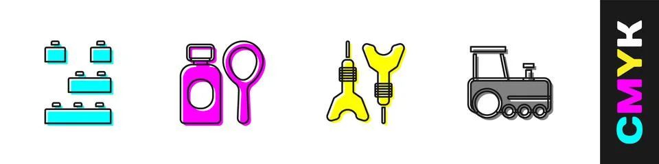 Set Toy building block bricks, Soap bubbles bottle, Dart arrow and train icon Ilustración de archivo