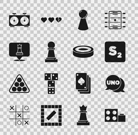 Set Toy building block bricks, Uno card game, Bingo, Chip for board, Chess, Time Ilustración de archivo