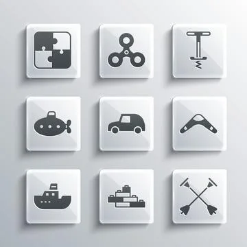 Set Toy building block bricks, Arrow with sucker tip, Boomerang, car, boat Ilustración de archivo