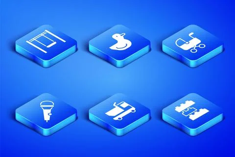 Set Toy building block bricks, Swing, truck, Microphone, Rubber duck and Baby Ilustración de archivo