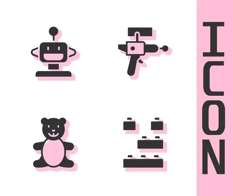 Set Toy building block bricks, Robot toy, Teddy bear plush and Ray gun icon Ilustración de archivo