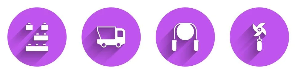 Set Toy building block bricks, truck, Jump rope and Pinwheel toy icon with long Ilustración de archivo