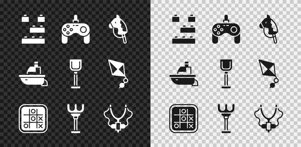Set Toy building block bricks, Gamepad, horse, Tic tac toe game, Rake toy Ilustración de archivo