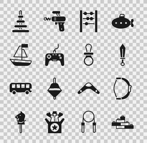 Set Toy building block bricks, Bow toy, Sword, Abacus, Gamepad, boat, Pyramid Ilustración de archivo