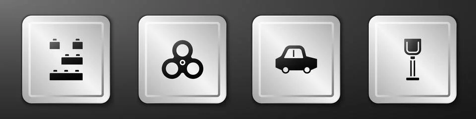 Set Toy building block bricks, Fidget spinner, car and Shovel toy icon. Silver Ilustración de archivo