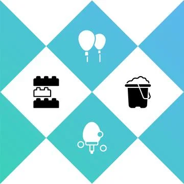 Set Toy building block bricks, Racket, Balloons and Sand bucket icon. Vector Ilustración de archivo
