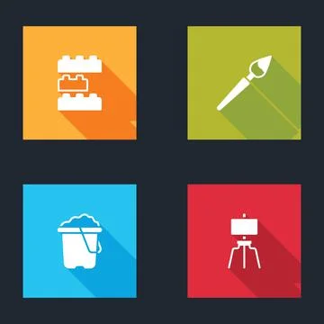 Set Toy building block bricks, Paint brush, Sand bucket and Wood easel icon.  Ilustración de archivo