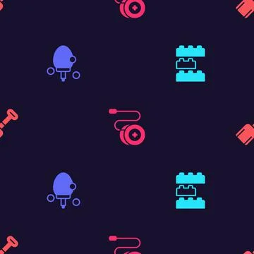 Set Toy building block bricks, Racket, Yoyo toy and Shovel on seamless patter Stock Illustration