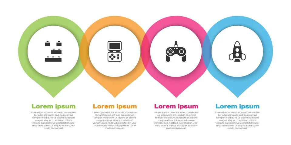 Set Toy building block bricks, Tetris electronic game, Gamepad and Rocket ship Ilustración de archivo