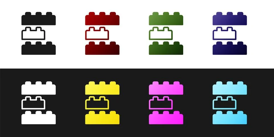 Set Toy building block bricks for children icon isolated on black and white Ilustración de archivo