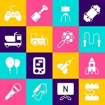 Set Toy building block bricks, Rocket ship toy, Jump rope, Wood easel, trai.. Ilustración de archivo