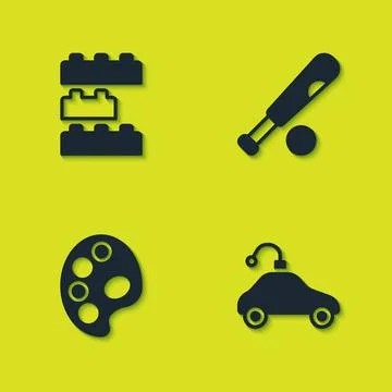 Set Toy building block bricks, Radio controlled car toy, Palette and Baseba.. Stock Illustration