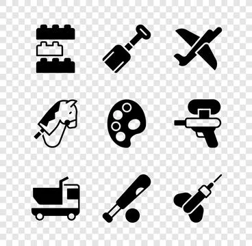 Set Toy building block bricks, Shovel toy, plane, truck, Baseball bat with .. Stock Illustration